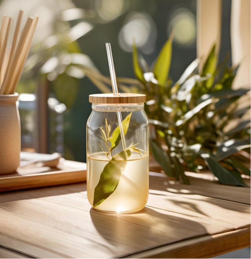 Mason Jar en verre – 550 ml avec paille et couvercle bambou